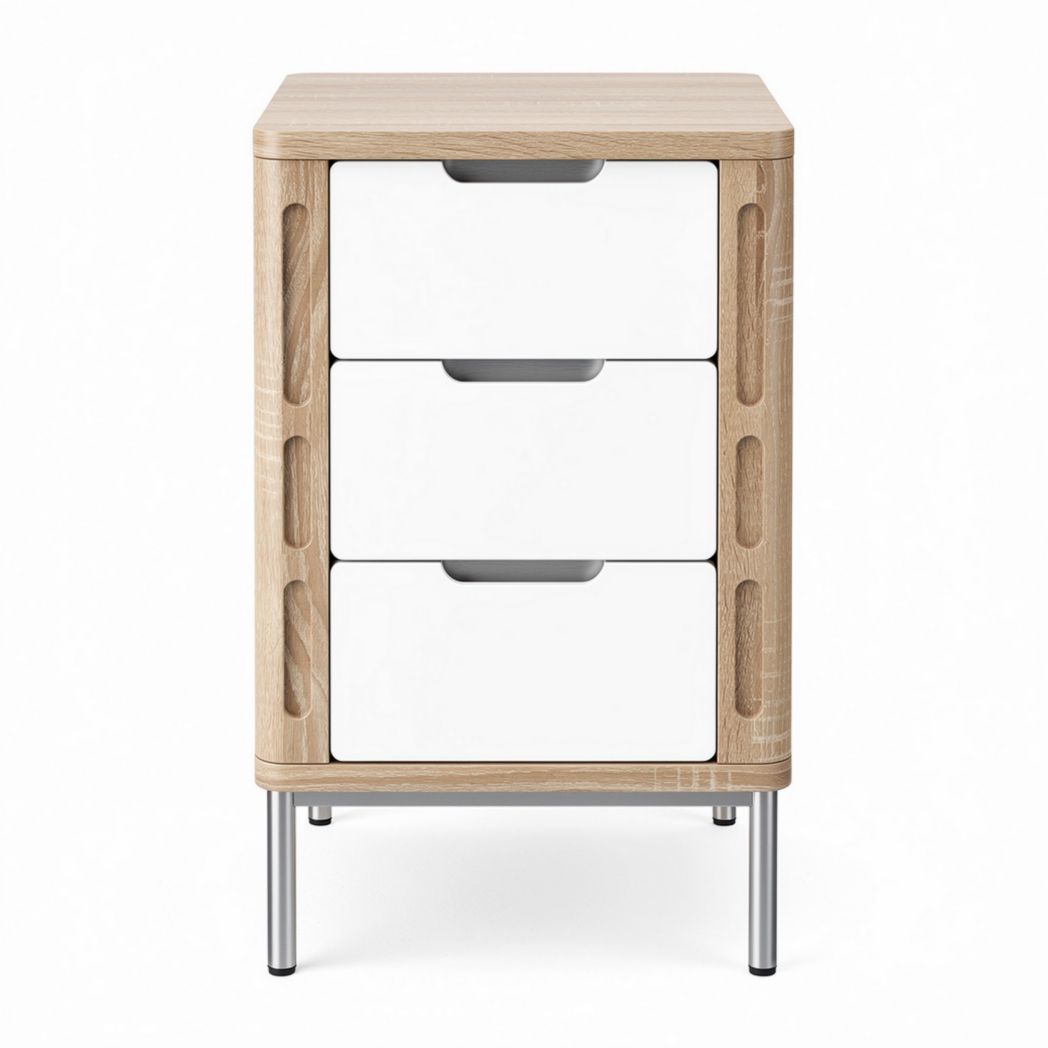 Wooden nightstand with three drawers and metal legs 40 x 30 x 60cm