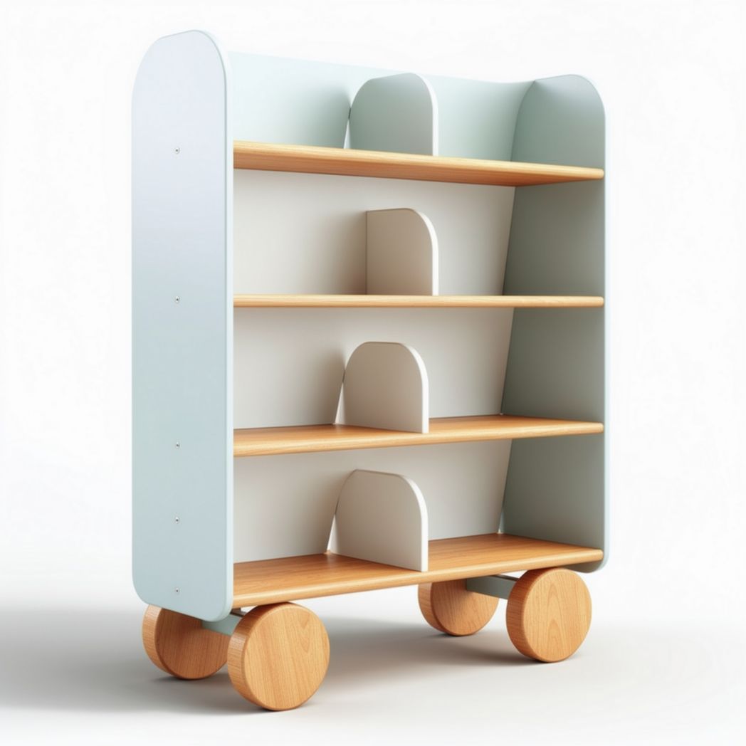 Wooden rolling bookshelf with four shelves and sturdy wheels in light blue 80 x 40 x 100cm