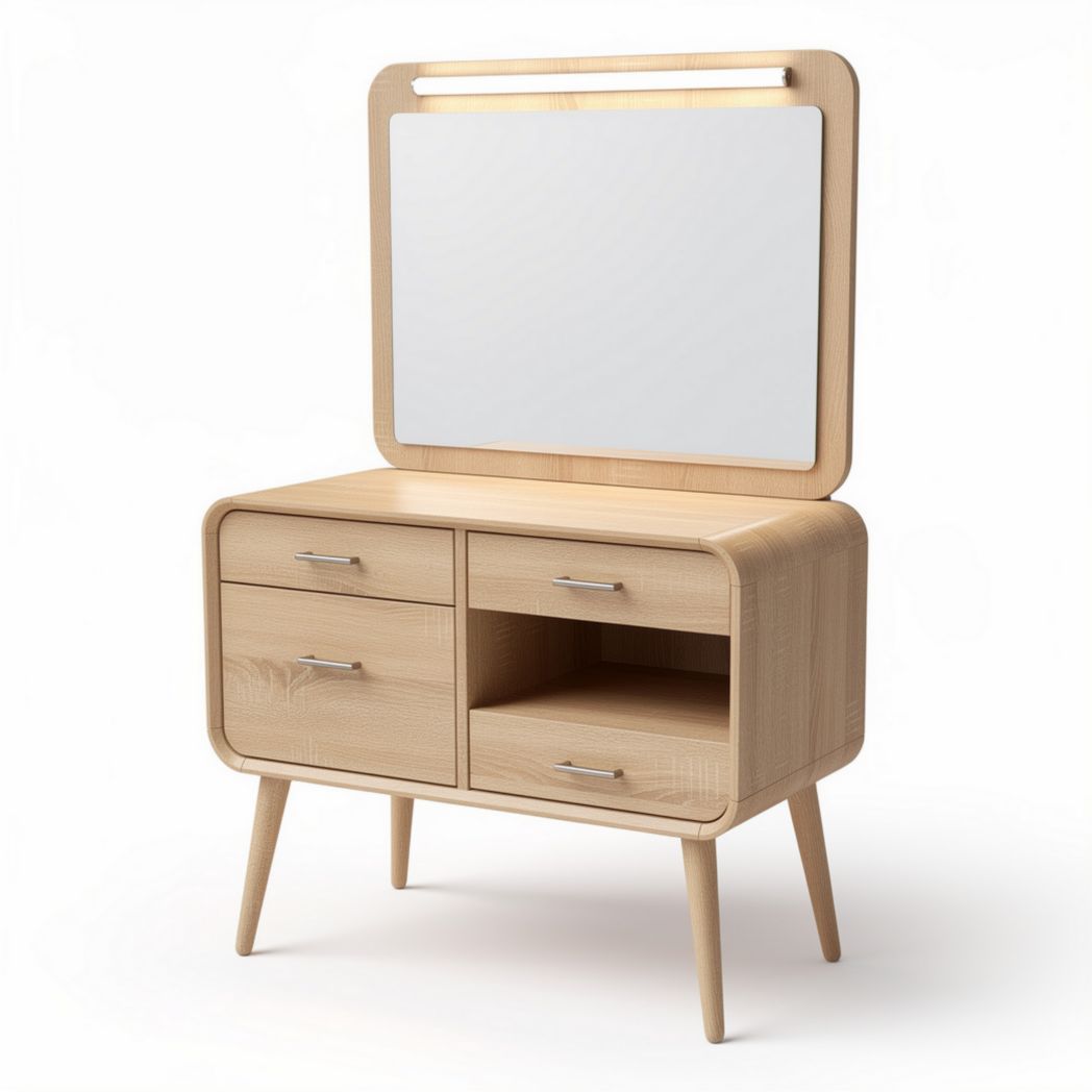Wooden dressing table with mirror two drawers and open storage space 100 x 45 x 150cm