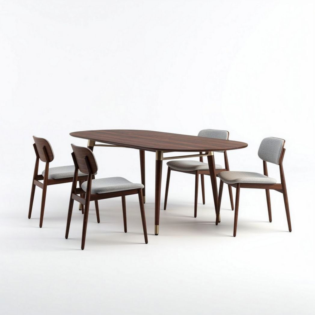 Oval dining table set with wooden base and fabric upholstered chairs 150 x 90 x 75cm