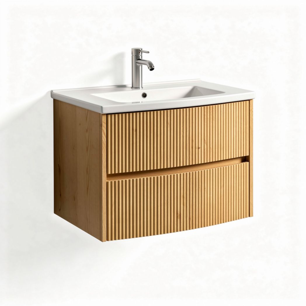 Wall-mounted bathroom vanity in natural wood finish with ceramic sink 80 x 45 x 40cm