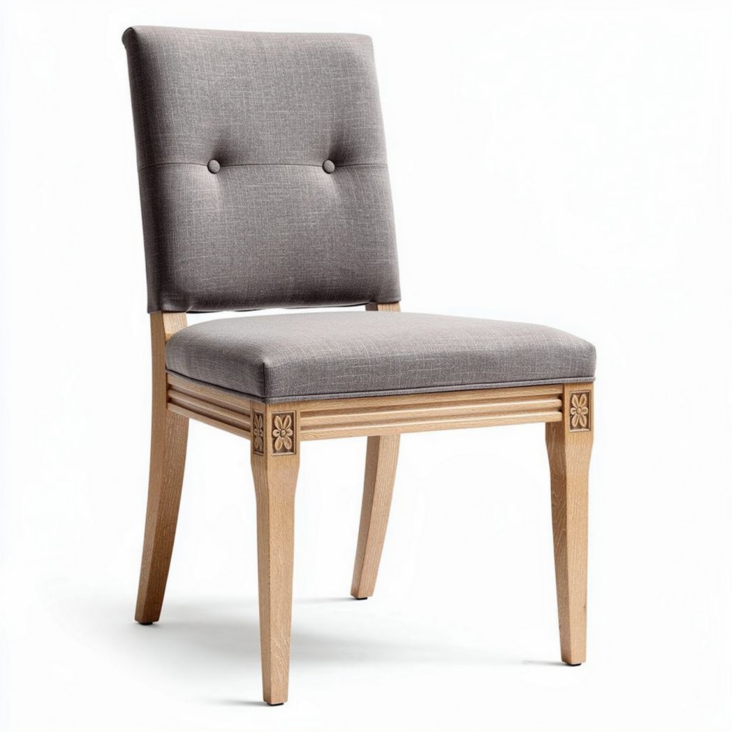 Grey upholstered dining chair with wooden legs and button detailing 45 x 45 x 90cm