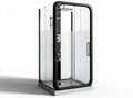 Frameless glass shower enclosure with adjustable rainfall shower head and black accents