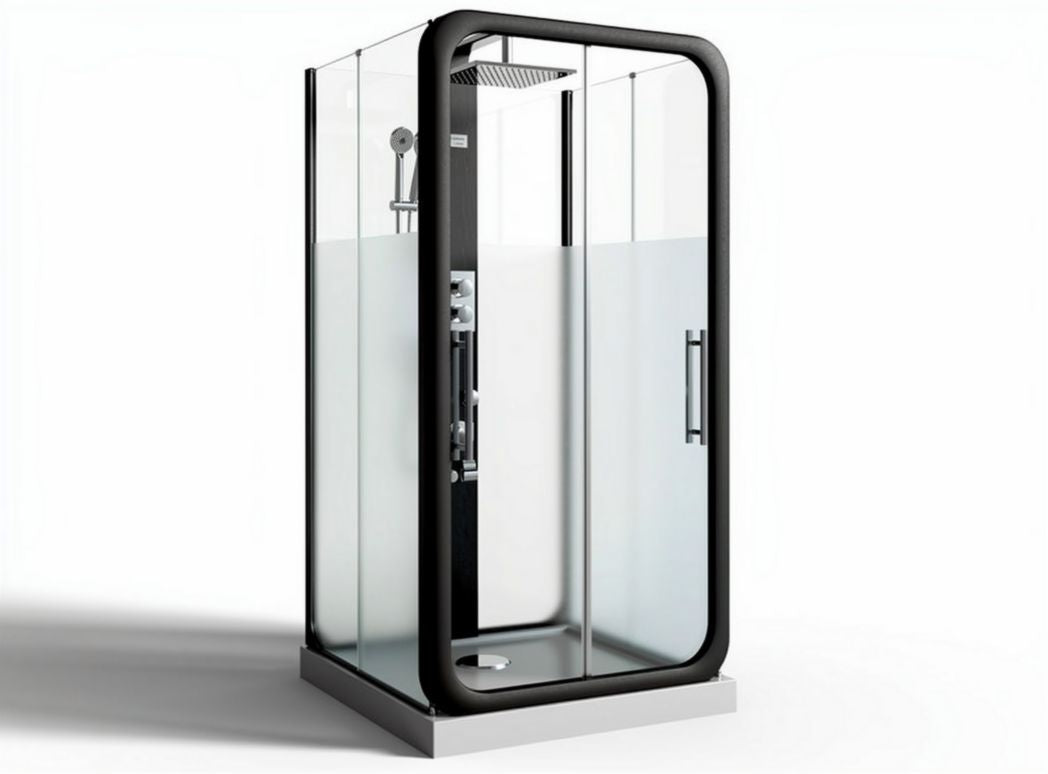 Frameless glass shower enclosure with adjustable rainfall shower head and black accents