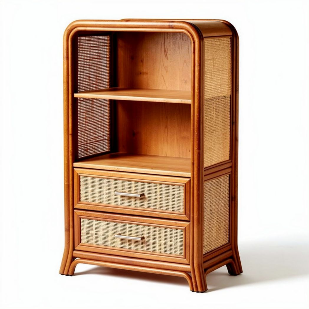 Rattan and wood bookshelf with two drawers and open shelving 75 x 40 x 120cm