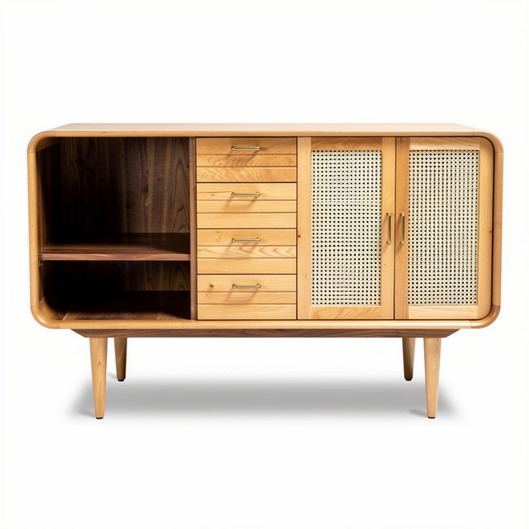 Wooden sideboard with doors and drawers in natural finish 90 x 40 x 75cm