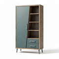 Wooden storage cabinet with sliding door and adjustable shelves in teal and oak finish