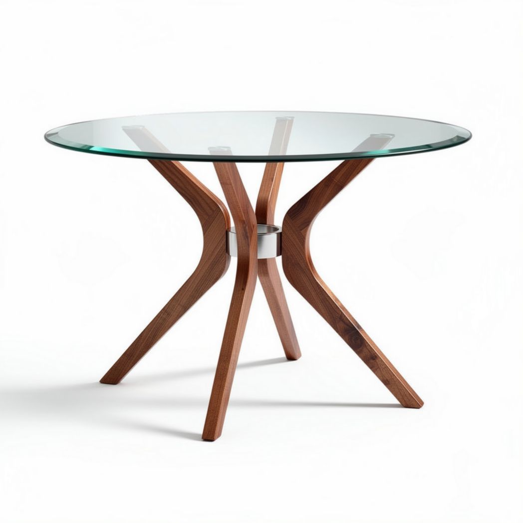 Glass top dining table with wooden base in contemporary design 90 x 90 x 75cm