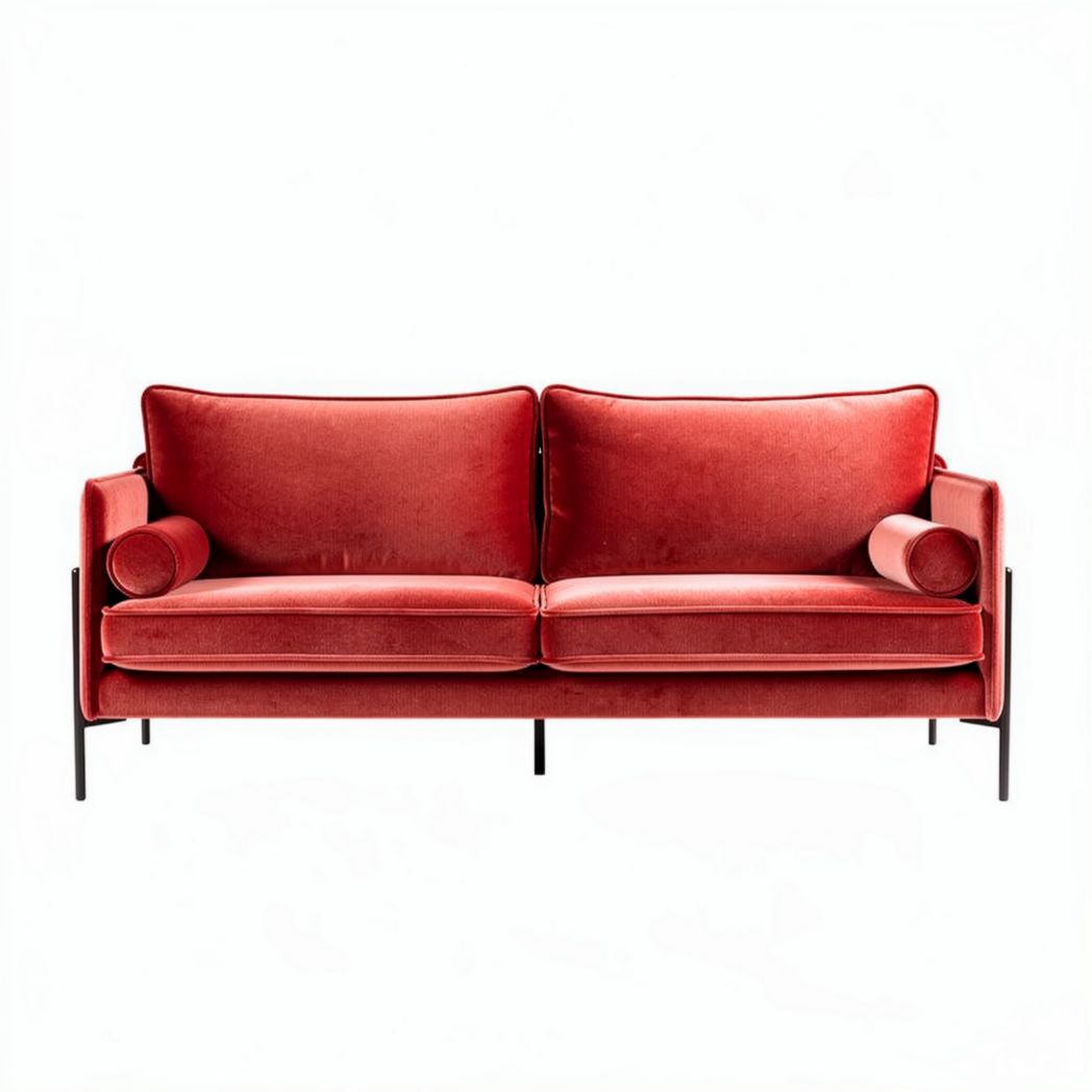 Velvet two-seater sofa in red with removable cushions and black metal frame