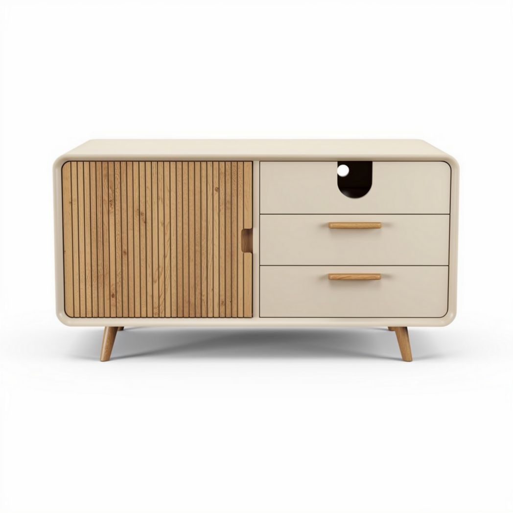 Bamboo and MDF sideboard cabinet with two drawers and sliding door 120 x 60 x 50cm